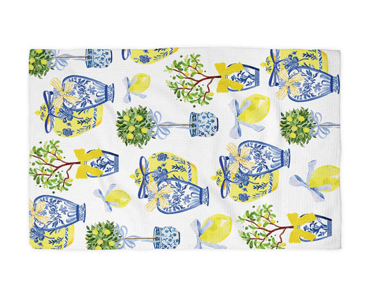 Lemon Chinoiserie Citrus Summer Fruit Kitchen Towel Waffle by Canary Road