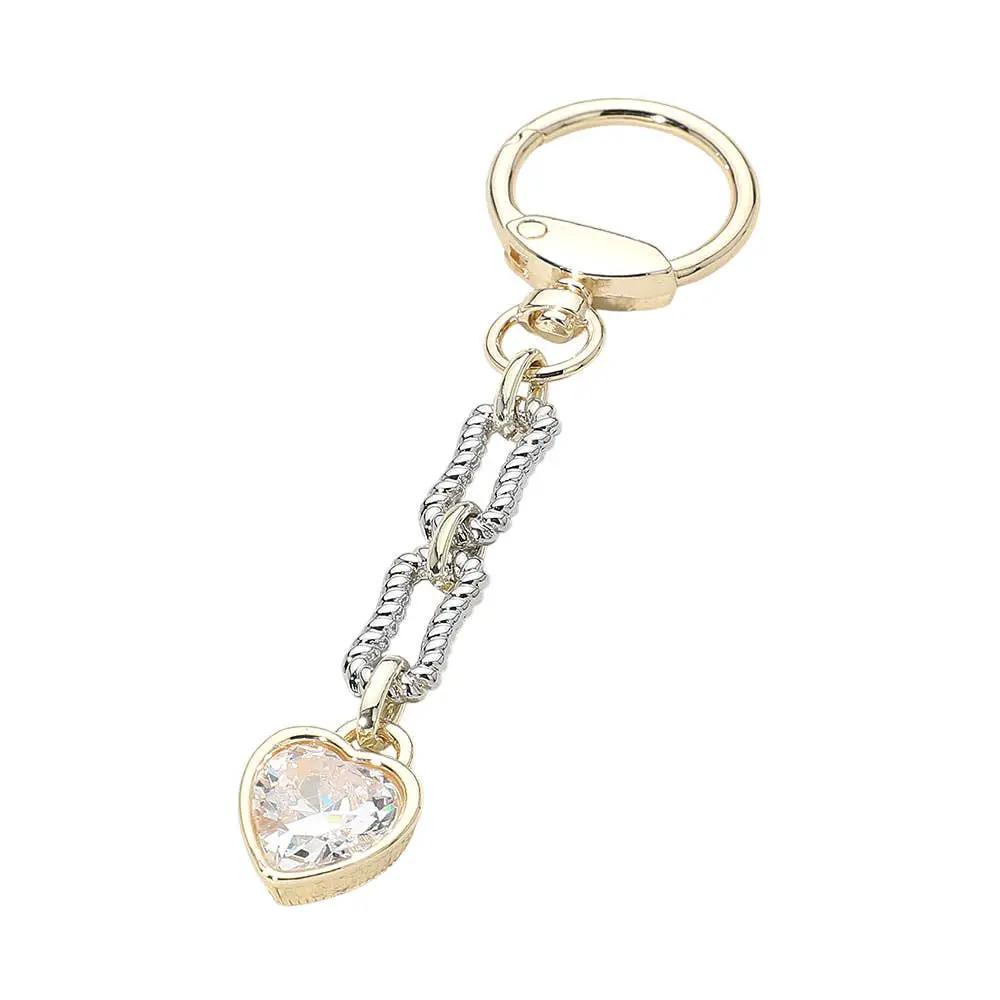 14K Gold Plated Two Tone Heart CZ Stone Drop Keychain Bag Charm by Sensibling Corp.