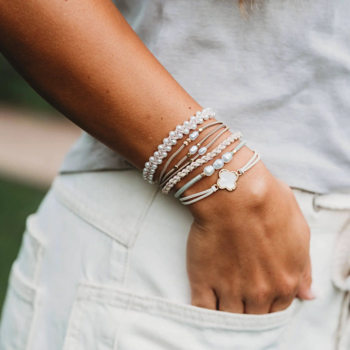 "Glimmer" Soft Pinks with Pearl and Gold Accent Hair Tie Bracelets by K'lani hair tie bracelets