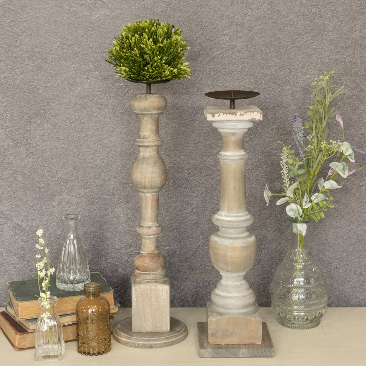 WOOD CANDLE STICK W/ METAL PEDESTAL (Set of 2) - 49th & Magnolia