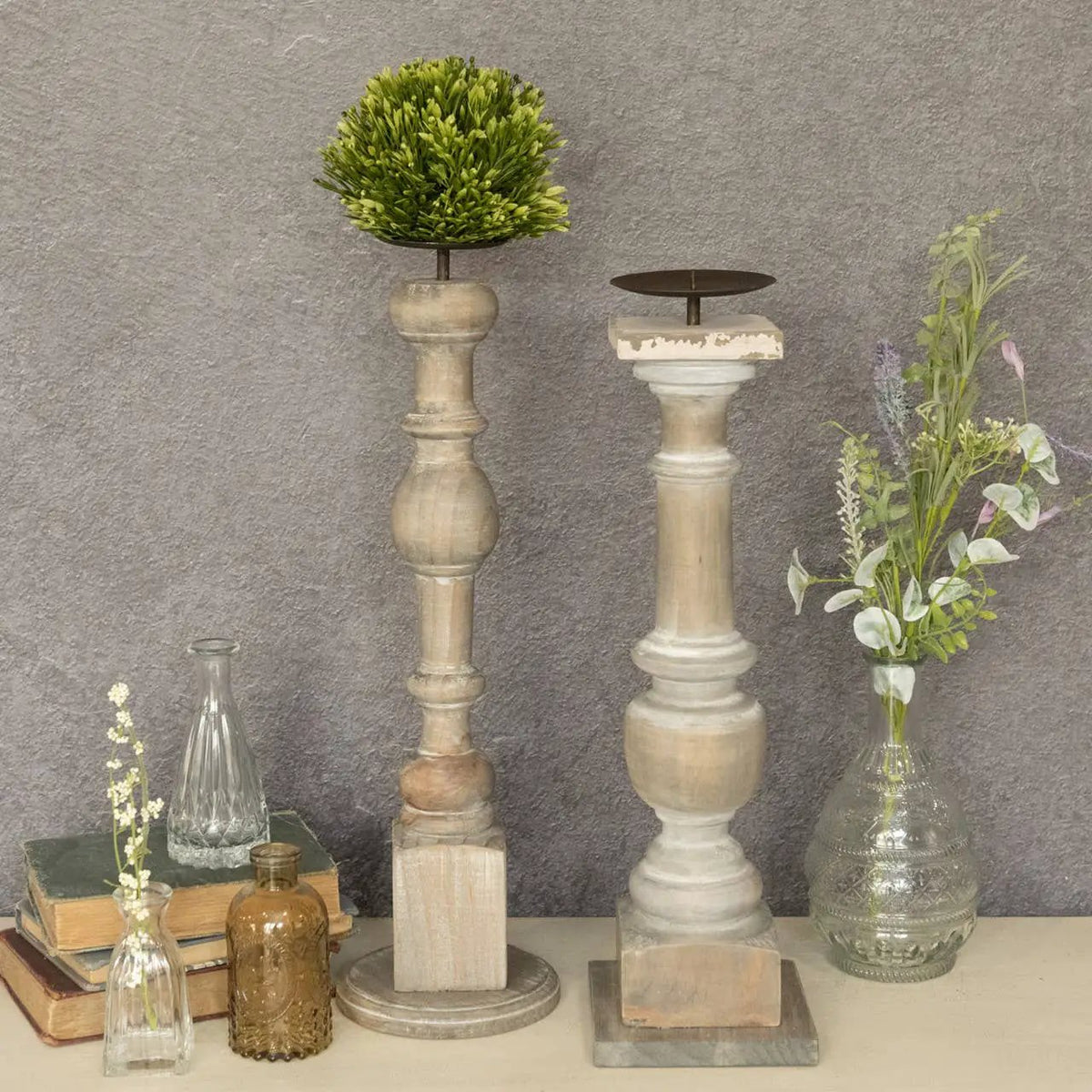 WOOD CANDLE STICK W/ METAL PEDESTAL (Set of 2) by Ragon House