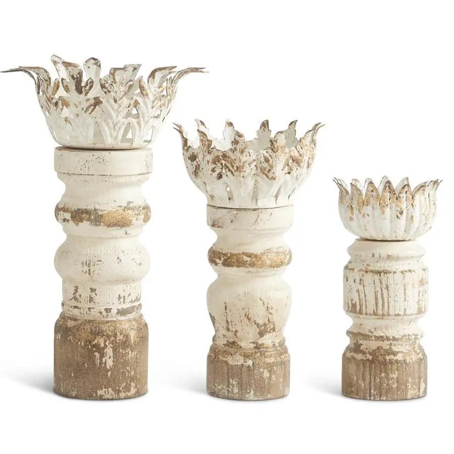 Distressed Whitewashed & Gold Wood Candleholders w/Metal (3 sizes) by K&K Interiors