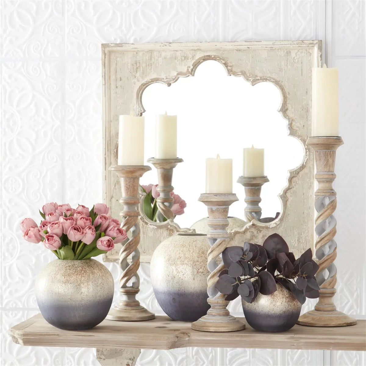 Gray Washed Wood Spiral Candleholders (Set of 3) by 49th & Magnolia