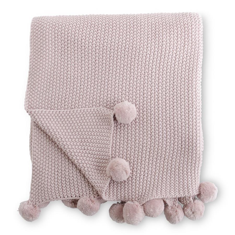 60" Pink Moss Stitch Knit Throw Blanket w/Pompom Trim - 49th & Magnolia