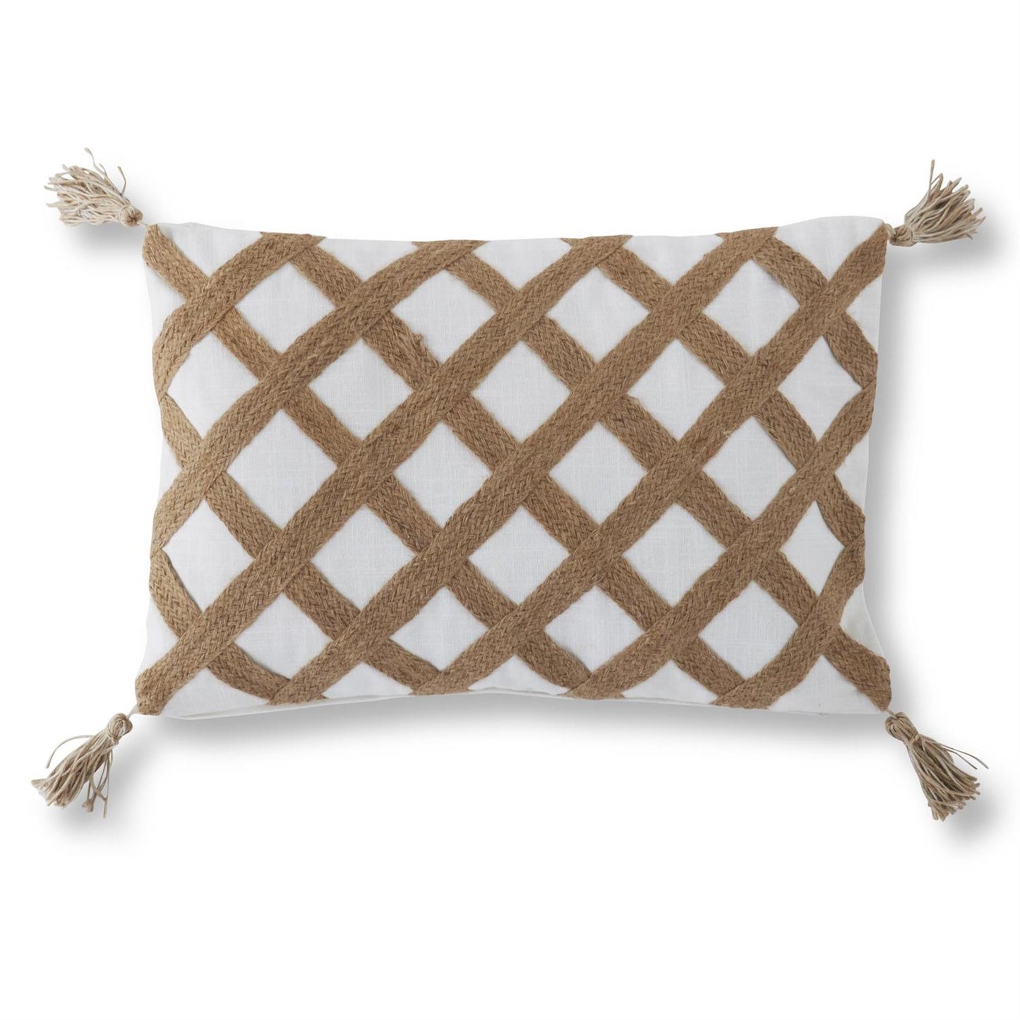 Cotton White & Jute Lattice Pillow w/Tassels - 49th & Magnolia
