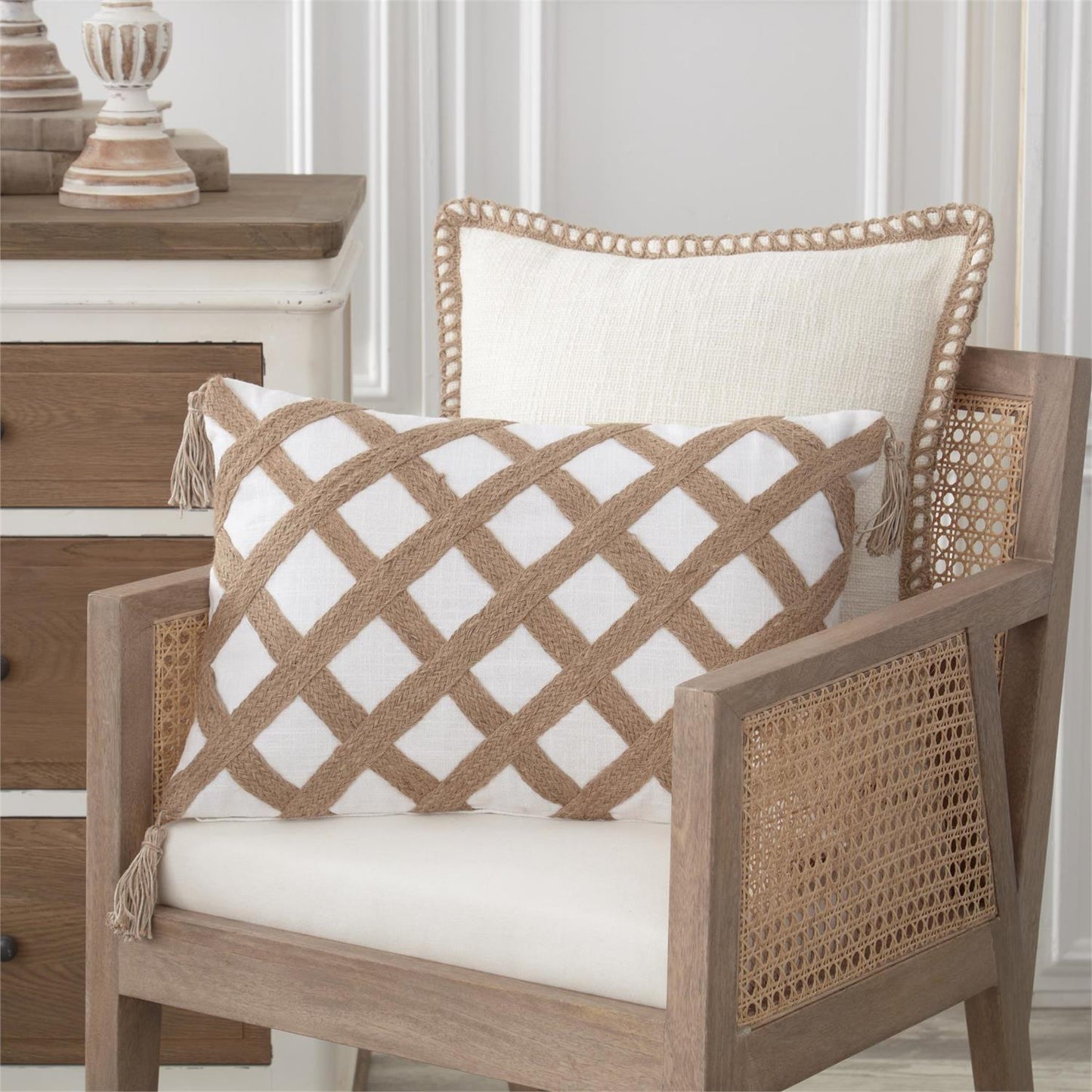 Cotton White & Jute Lattice Pillow w/Tassels - 49th & Magnolia