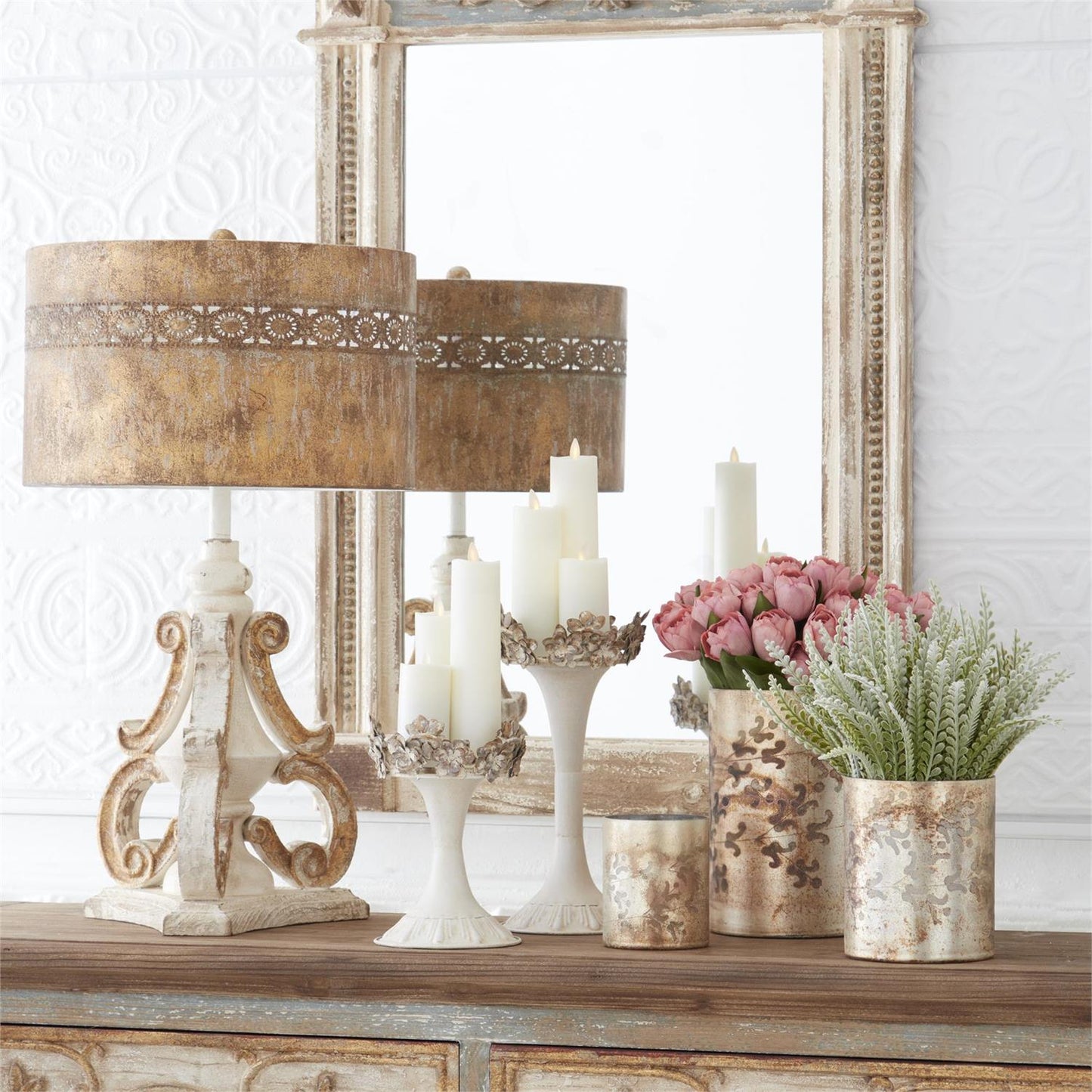 27.5" Weathered White & Gold Tri Scroll Lamp w/Gold Metal Shade