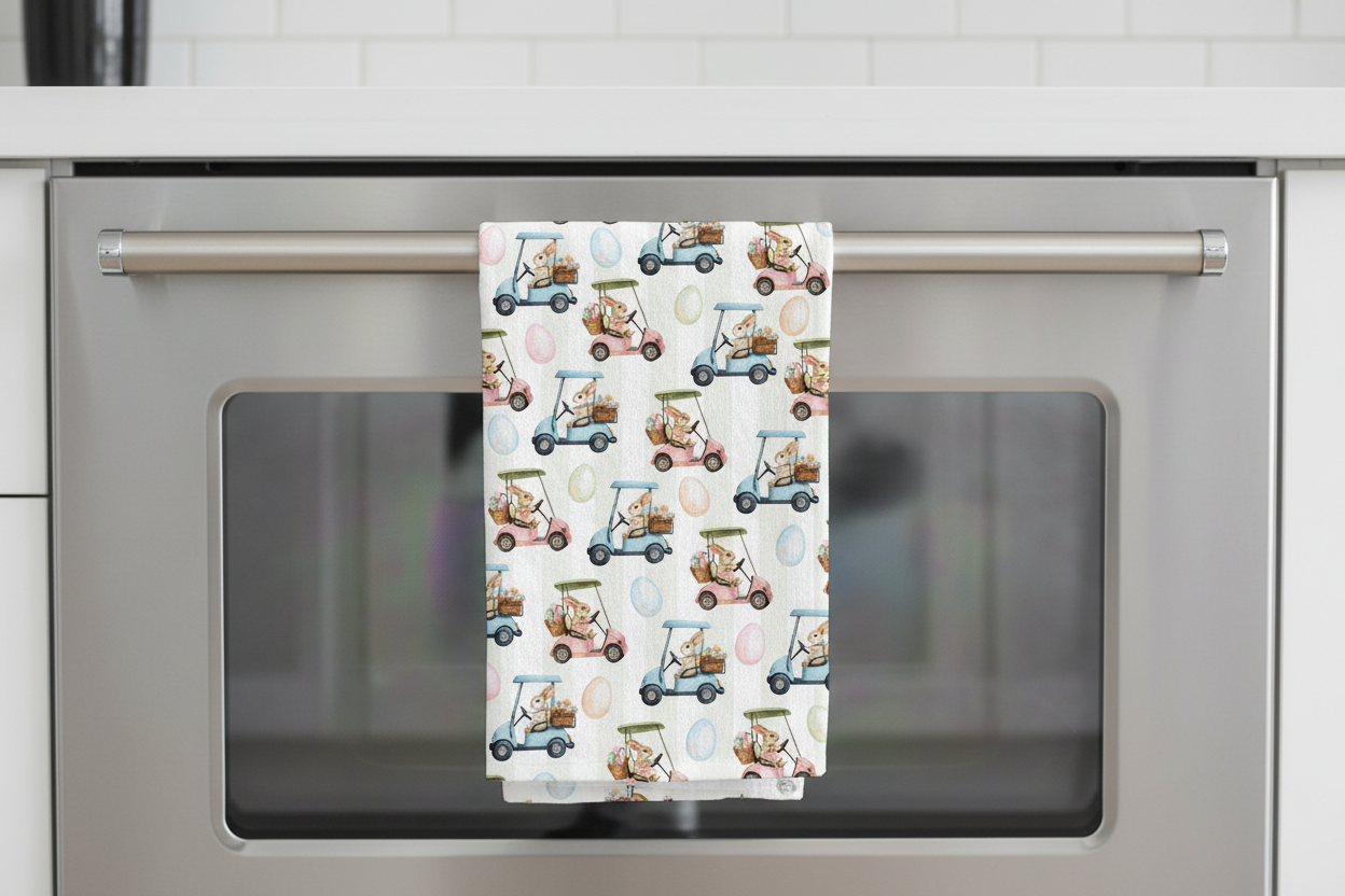 Easter Bunny Golf Cart Spring Egg Kitchen Towel Waffle