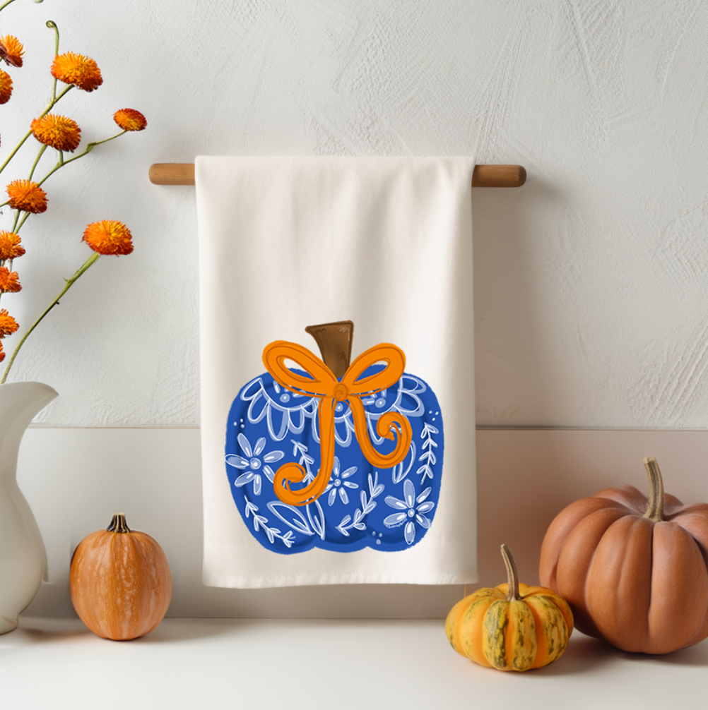 Blue Chinoiserie Bow Pumpkin Tea Towel by Doodles By Rebekah