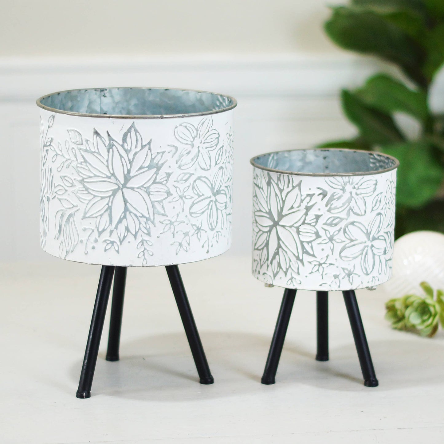 Metal Embossed Floral Design Planters (Set of 2) - 49th & Magnolia