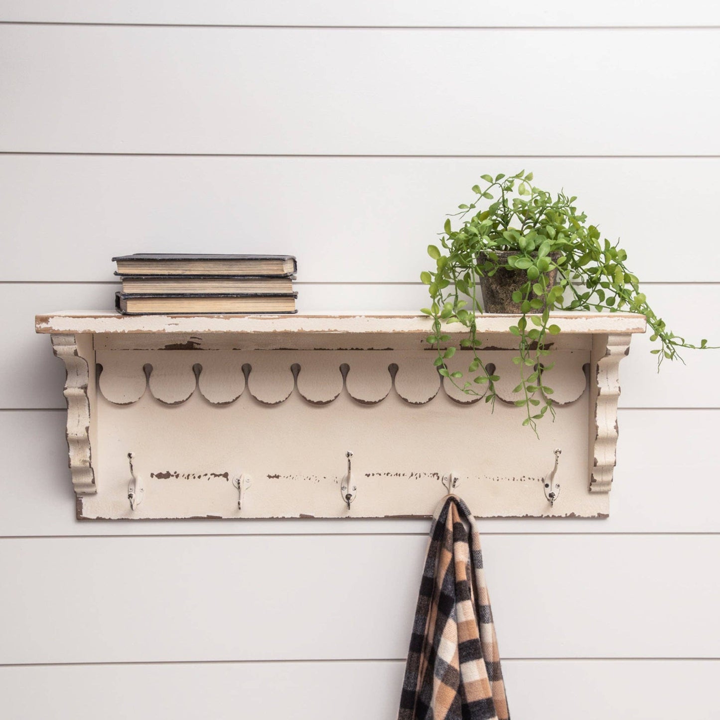 White Cottage Shelf With Hooks - 49th & Magnolia