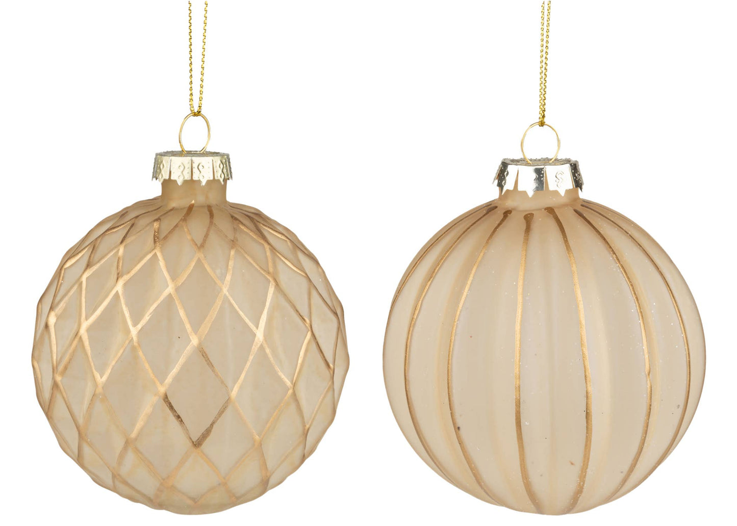 Cream and Gold Stripe Harlequin Glass Ridge Ornaments - 49th & Magnolia