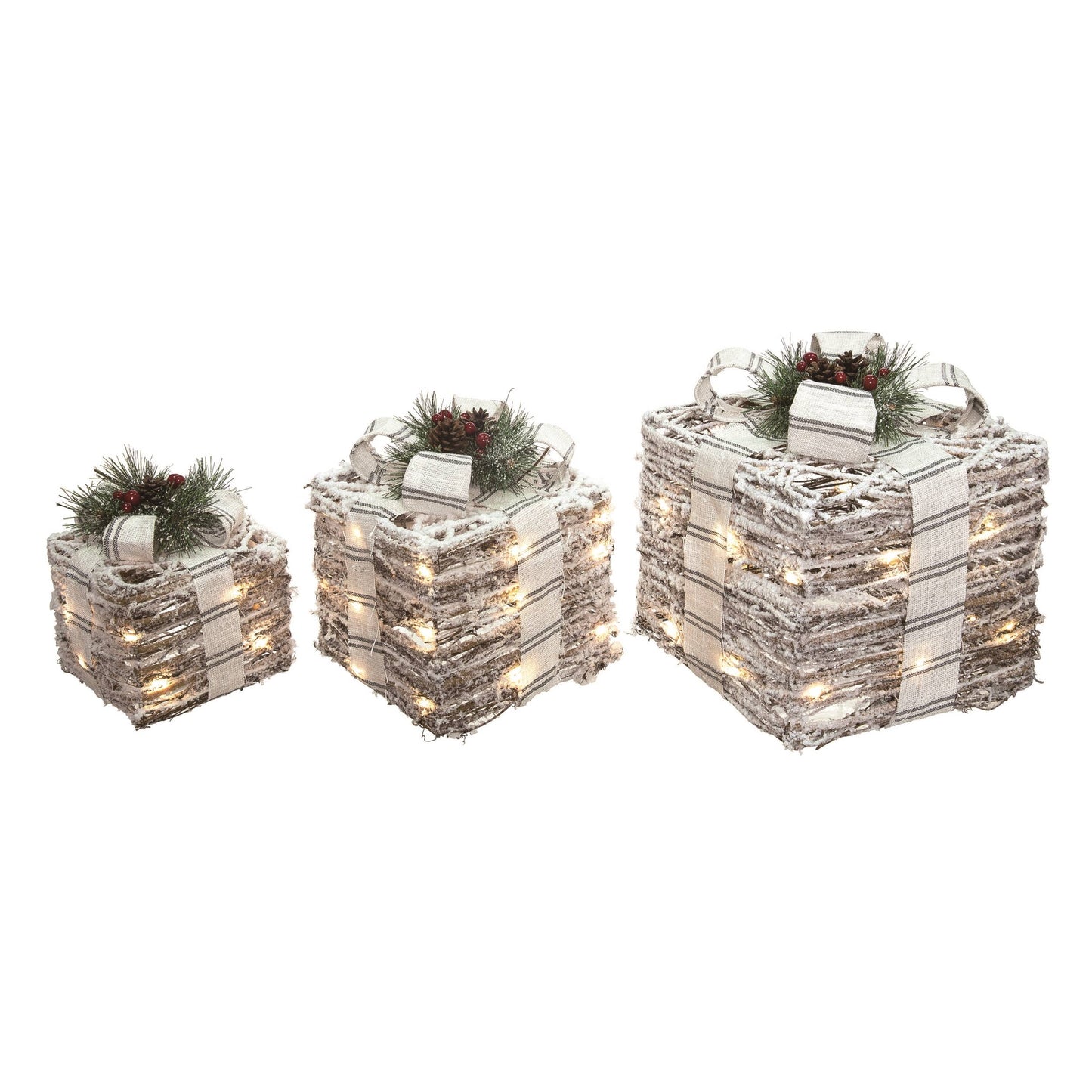 Metal/Twig Light Up Stripe Bow Present Decor (Set of 3) - 49th & Magnolia