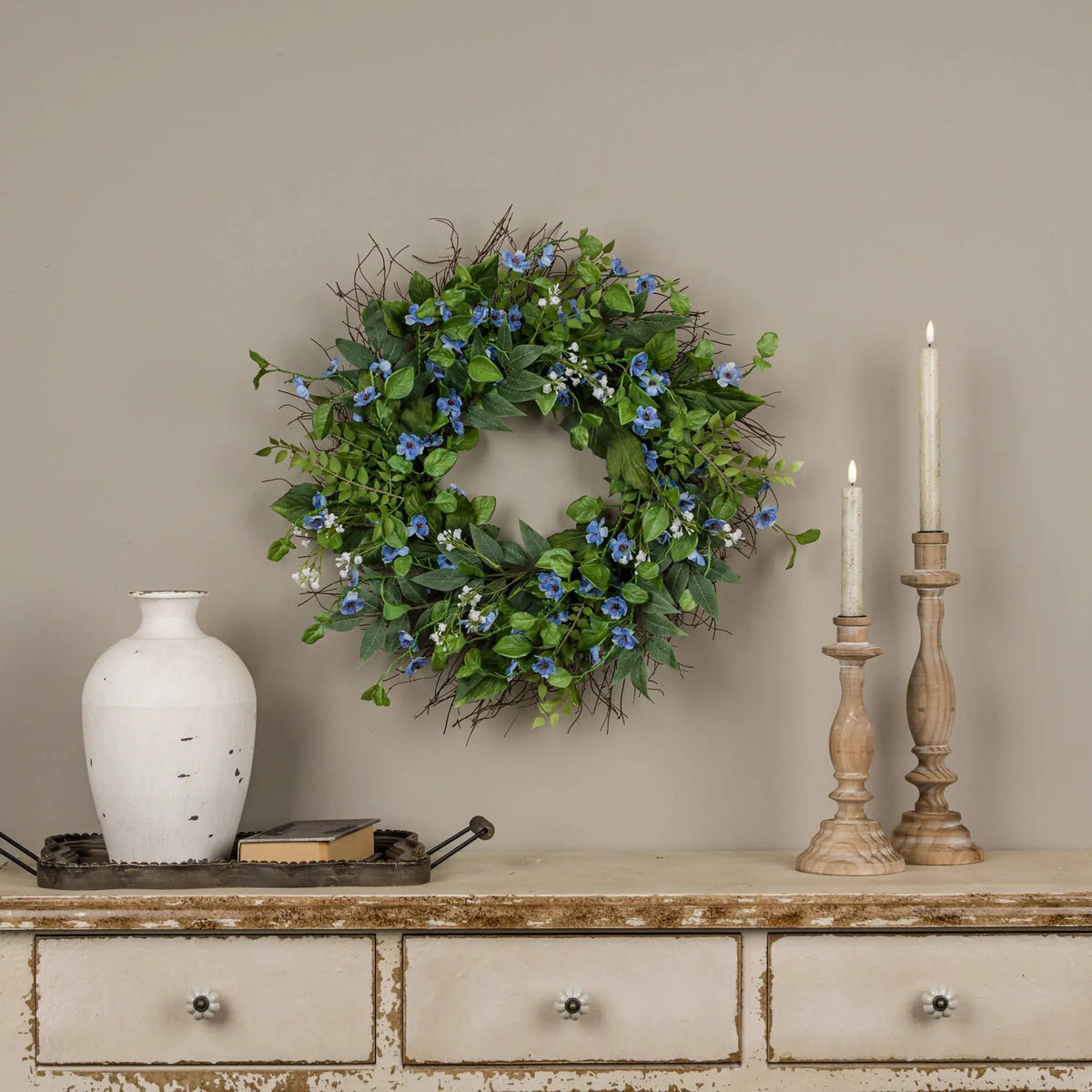 21" BLUE & WHITE WILDFLOWER WREATH by Ragon House