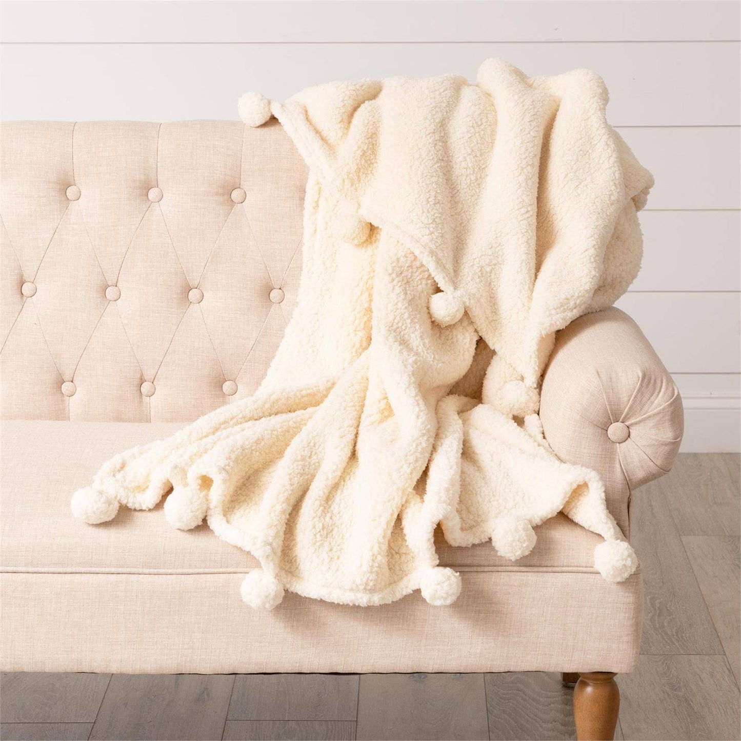Dreamy Sherpa Throw With Pompoms - Ivory - 49th & Magnolia