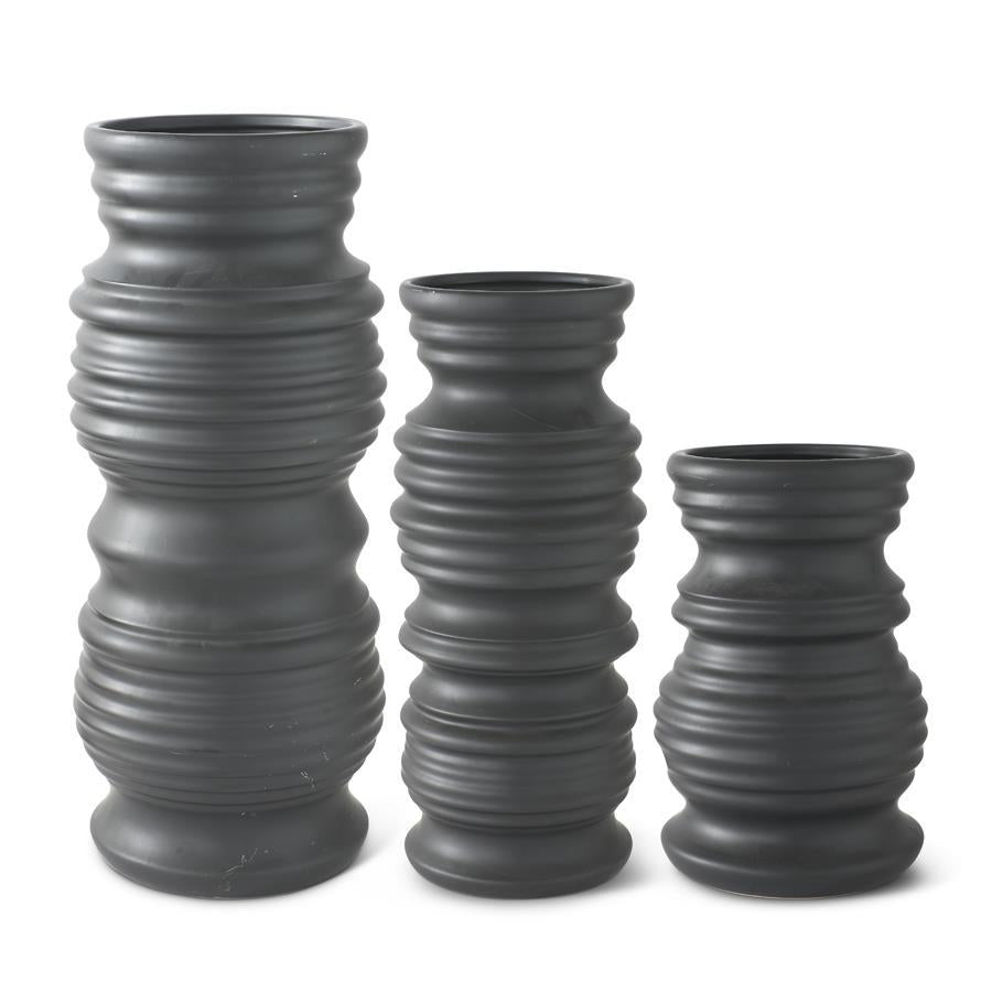 Matte Black Stoneware Ribbed Vases - 49th & Magnolia