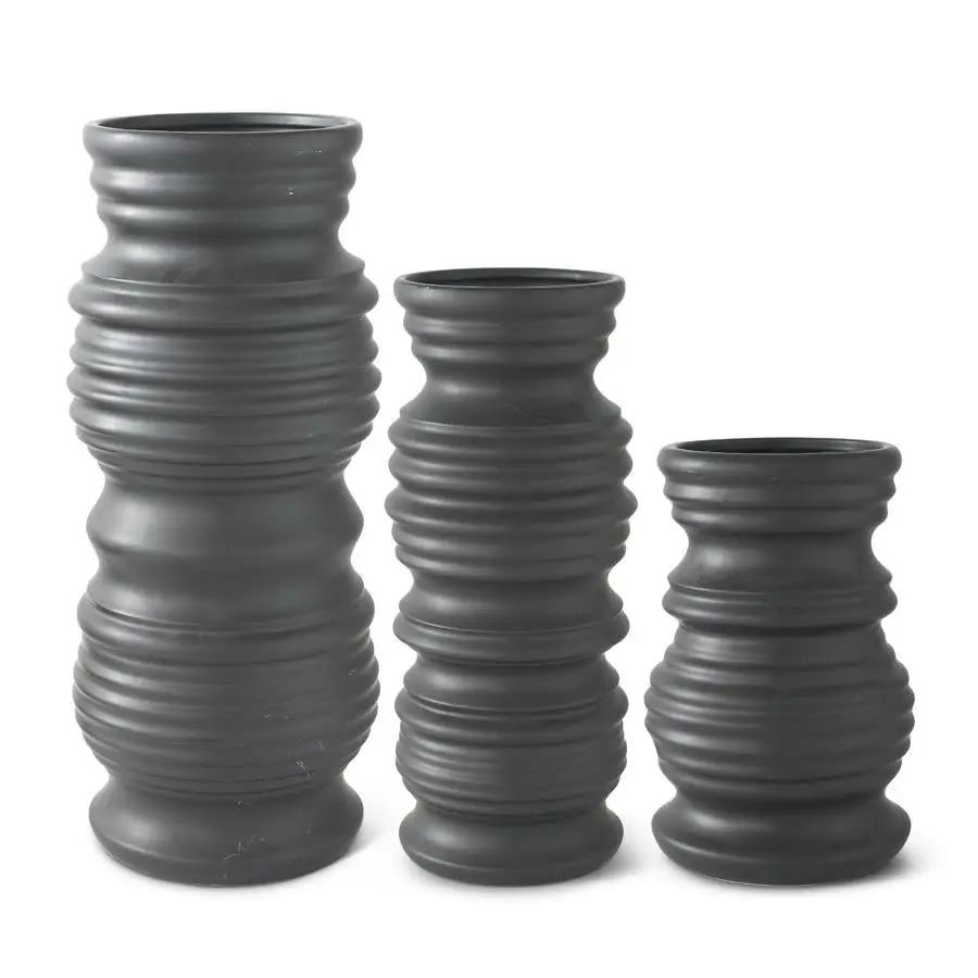 Matte Black Stoneware Ribbed Vases by K&K Interiors
