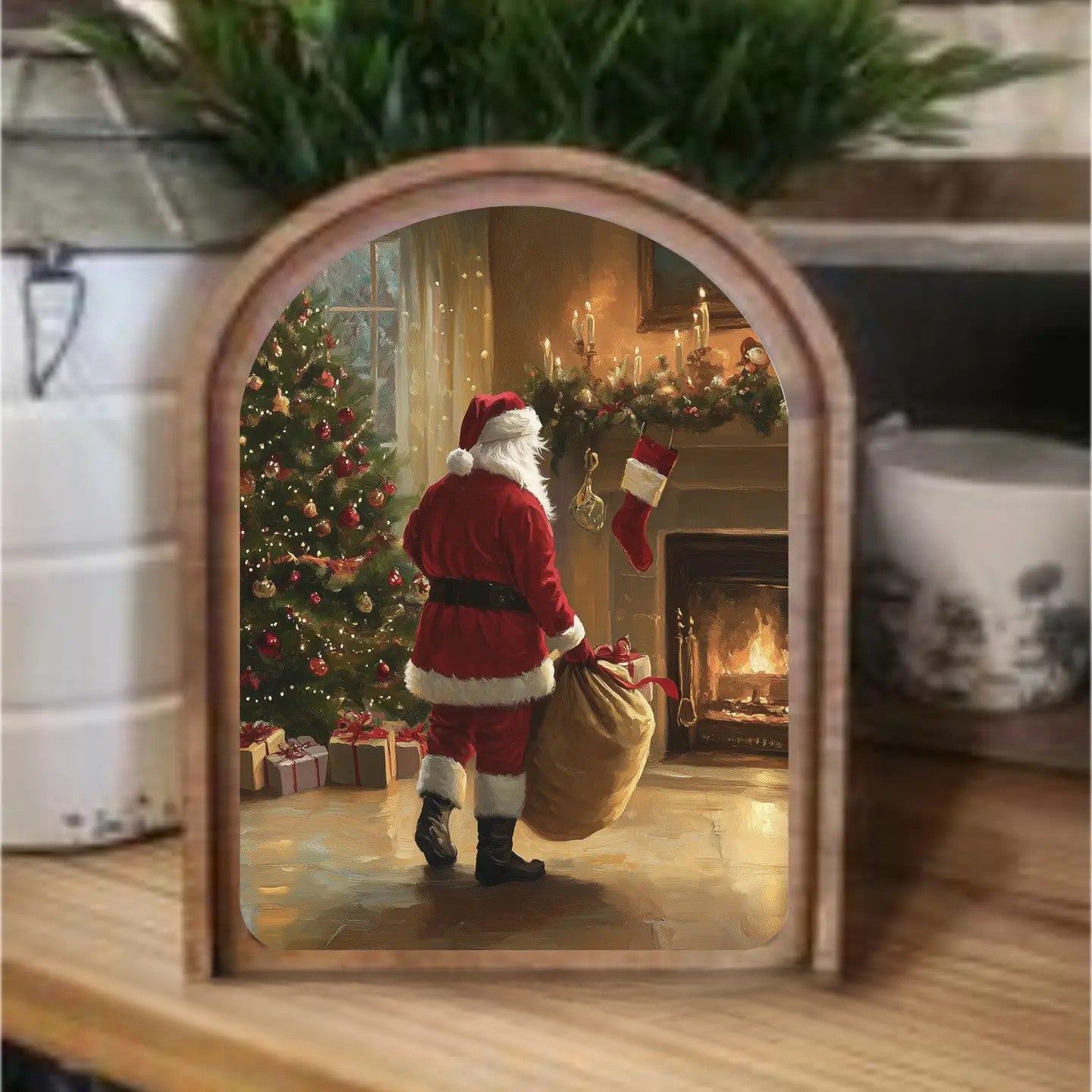 Arch Top Fireplace Santa Framed Art