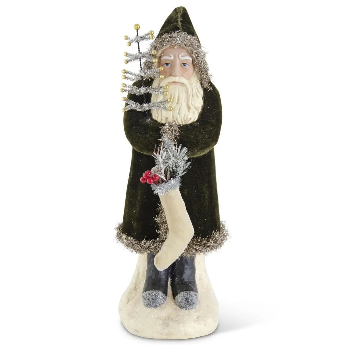 Santa w/Dark Green Coat Holding Tree & Stocking by K&K Interiors