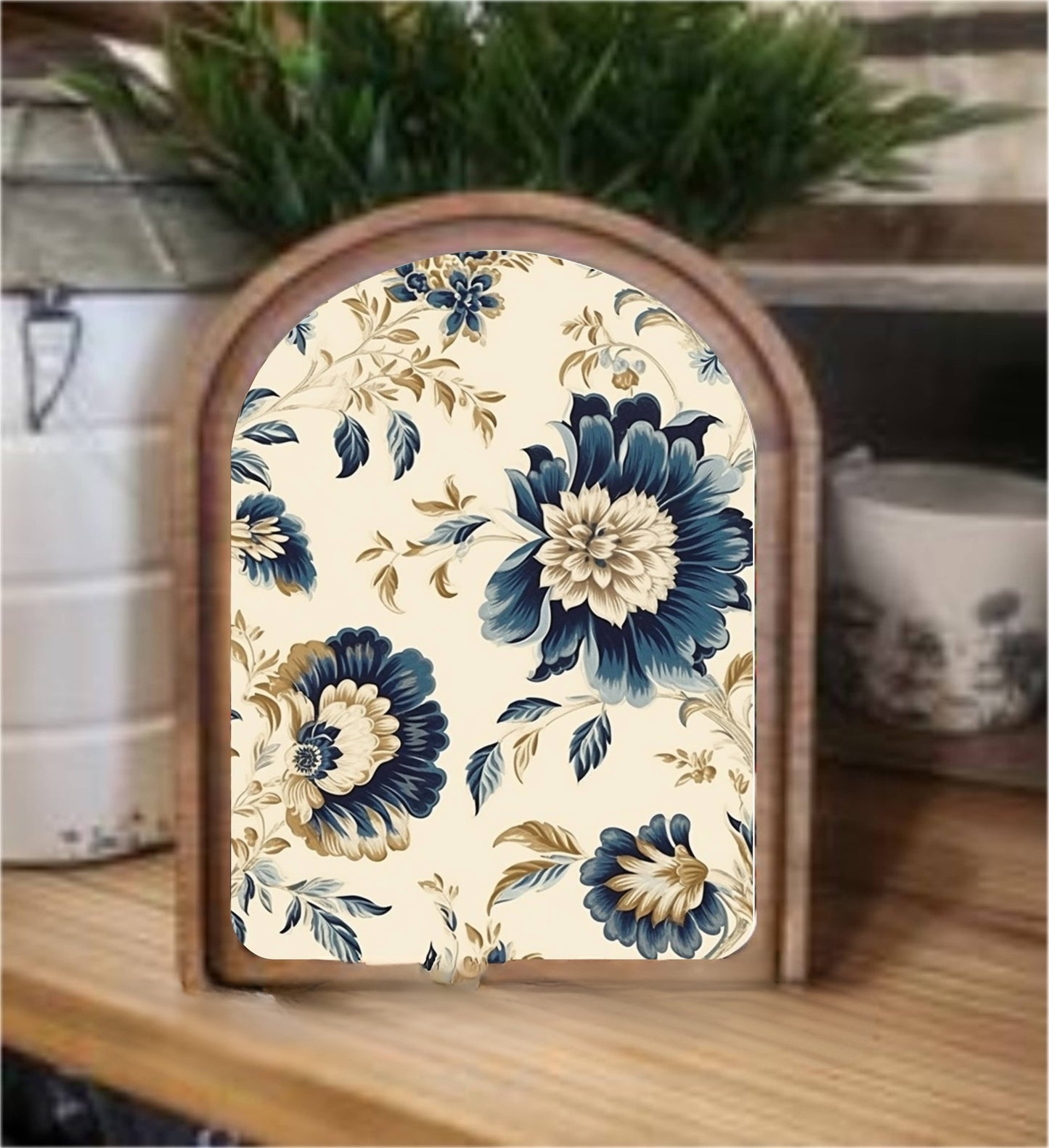 Arch Top Navy Tan Floral Framed Art - 49th & Magnolia