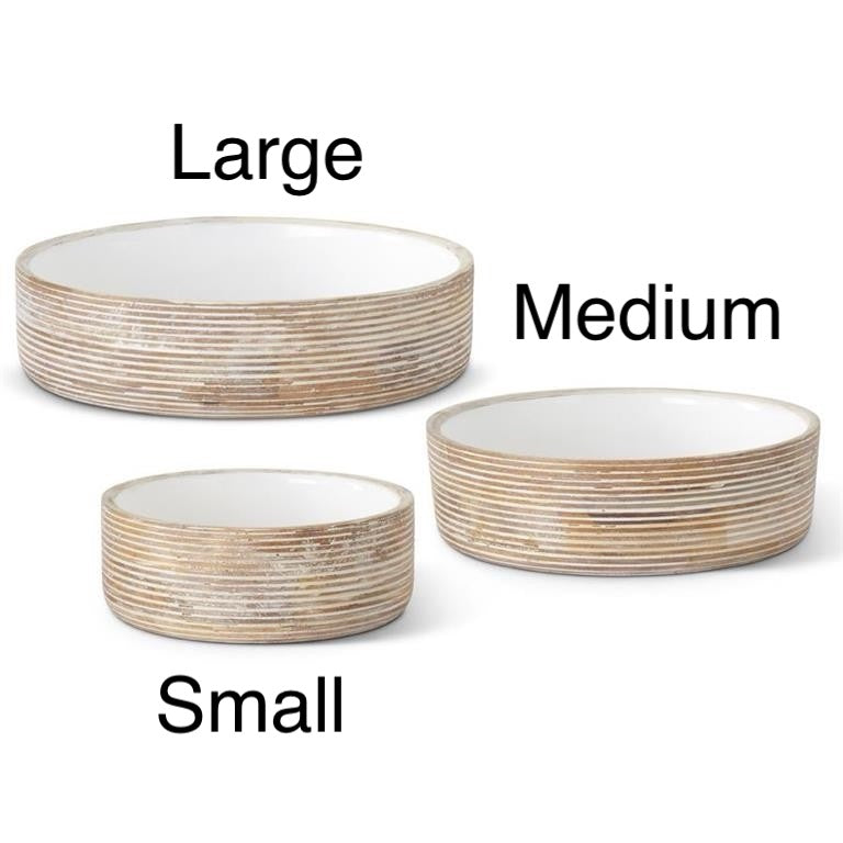 Ribbed Whitewashed Mango Wood Bowls w/White Enamel Centers