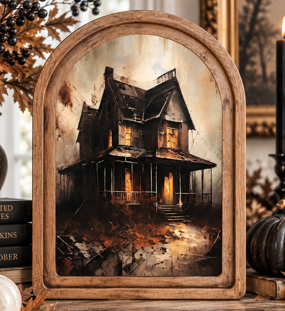 Haunted House Arch-Top Framed Art by Redeemed Decor