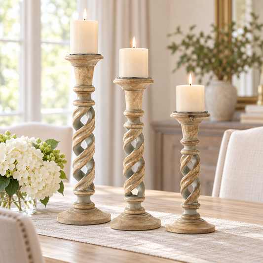 Gray Washed Wood Spiral Candleholders (Set of 3)