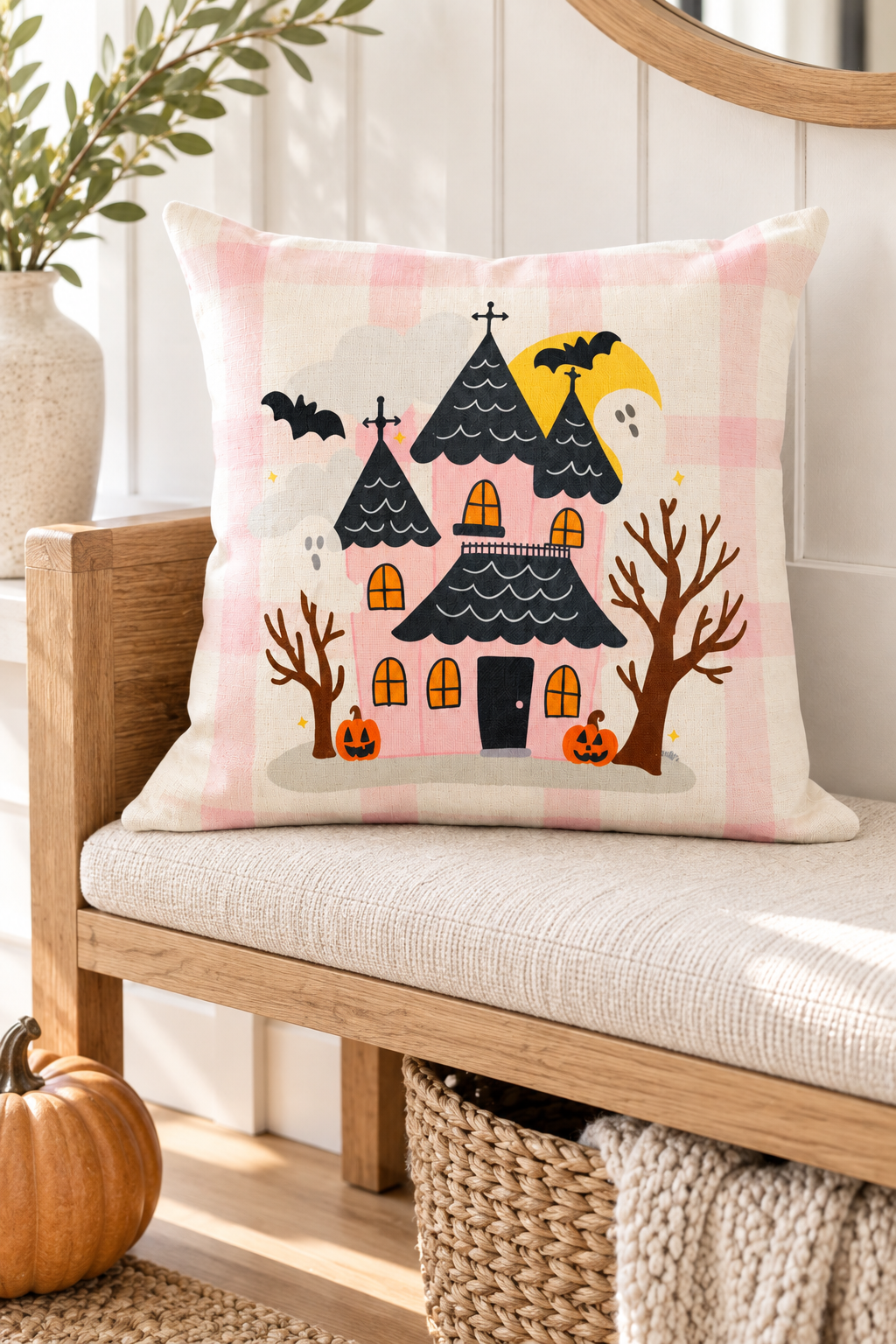 Pink Haunted House with Ghosts Square Pillow