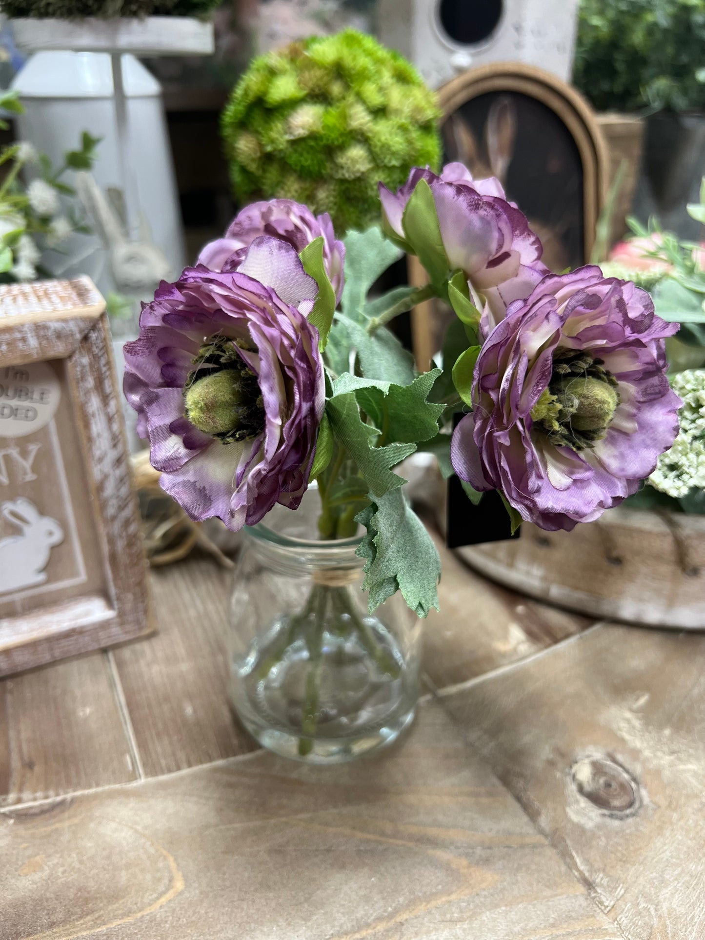 6.75" Purple Ranunculus Premade in Glass Vase w/Faux Water - 49th & Magnolia