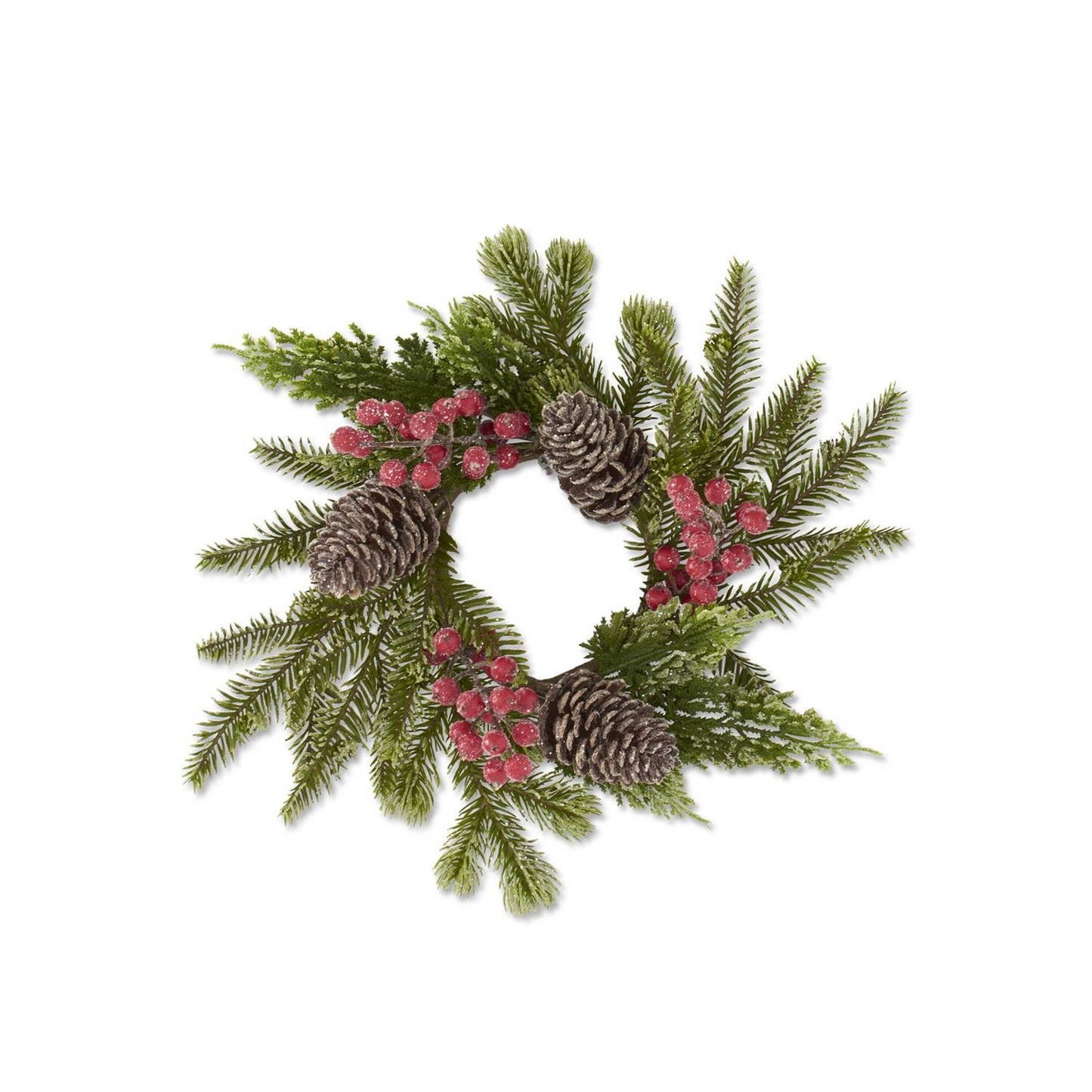 13" Glittered Icy Mixed Pine Candle Ring w/Red Berries & Pinecones - 49th & Magnolia