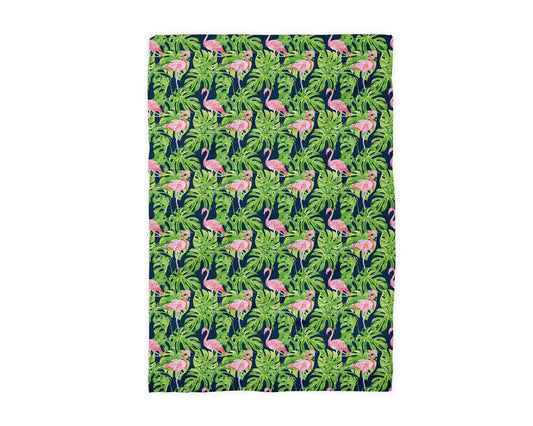 Flamingo Palm Navy Pink Coastal Beach Kitchen Towel Waffle by Canary Road