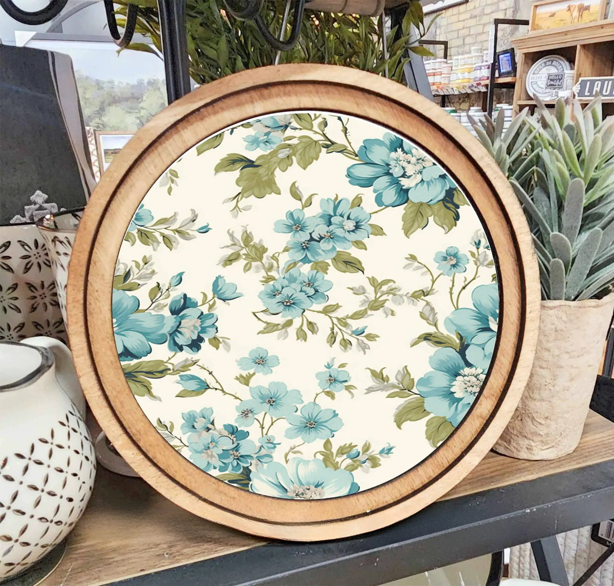 8" Round Light Blue Floral Art by Redeemed Decor