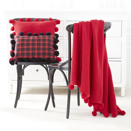 60in Red Moss Stitch Knit Throw Blanket w/Pompom Trim by 49th & Magnolia