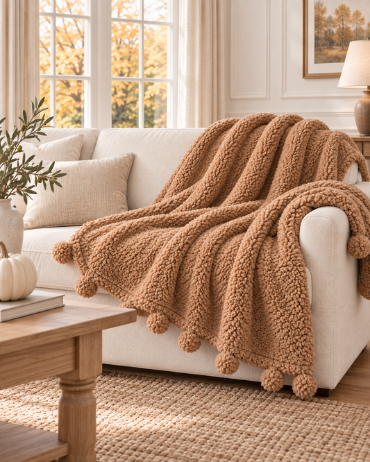 Dreamy Sherpa Throw With Pompoms - Taupe by Audrey's