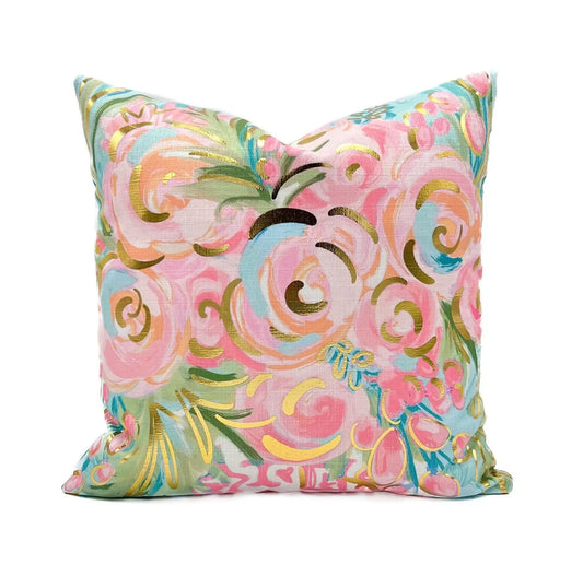 Gold Foil Cortnei Chinoiserie Blooms Pillow