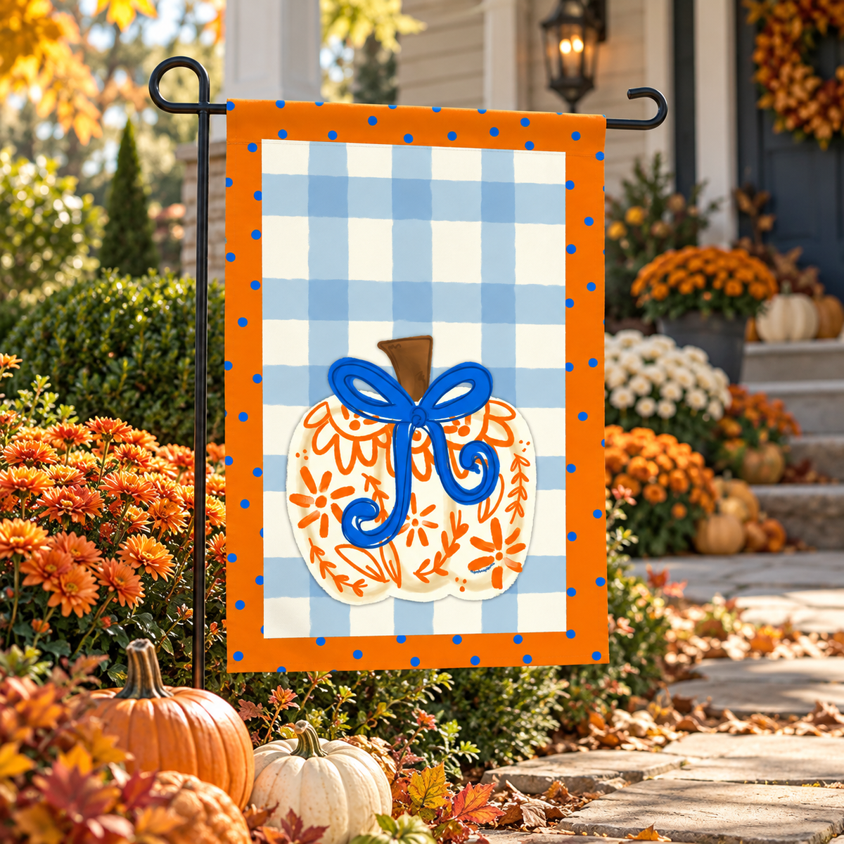 White Chinoiserie Pumpkin Bow Garden Flag