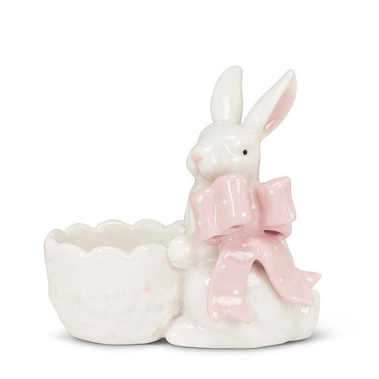Bunny with Pink Bow Holding Egg-4"H
