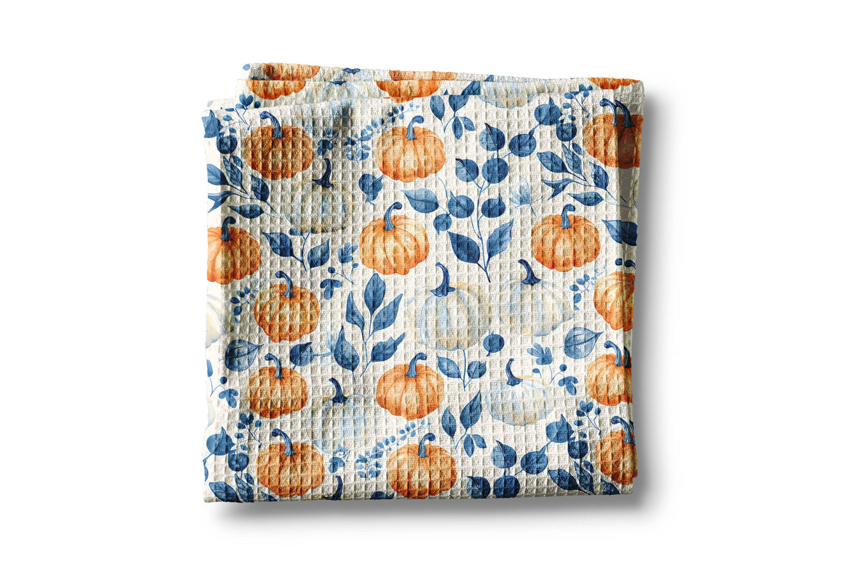 Blue Pumpkin Chinoiserie Fall Coastal Kitchen Towel Waffle