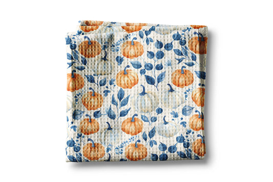 Blue Pumpkin Chinoiserie Fall Coastal Kitchen Towel Waffle