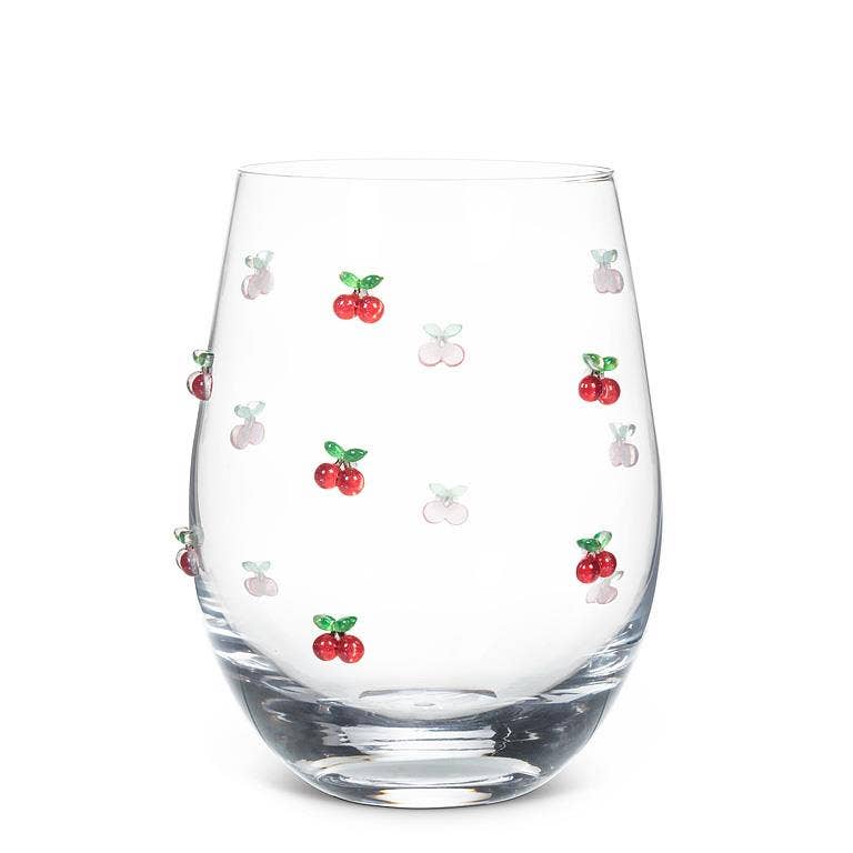 Stemless Wine Glass with Cherries-4.5"H(18oz)