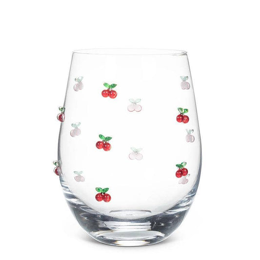 Stemless Wine Glass with Cherries-4.5"H(18oz)