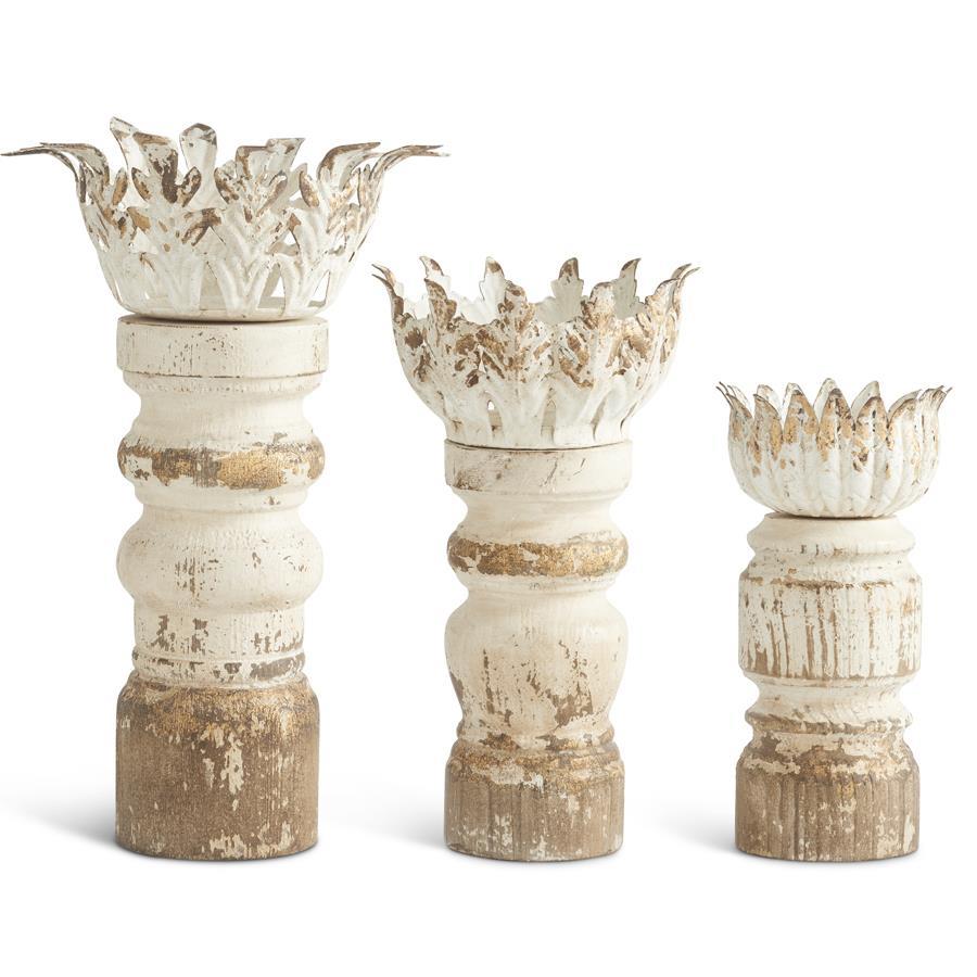 Distressed Whitewashed & Gold Wood Candleholders w/Metal (3 sizes) - 49th & Magnolia