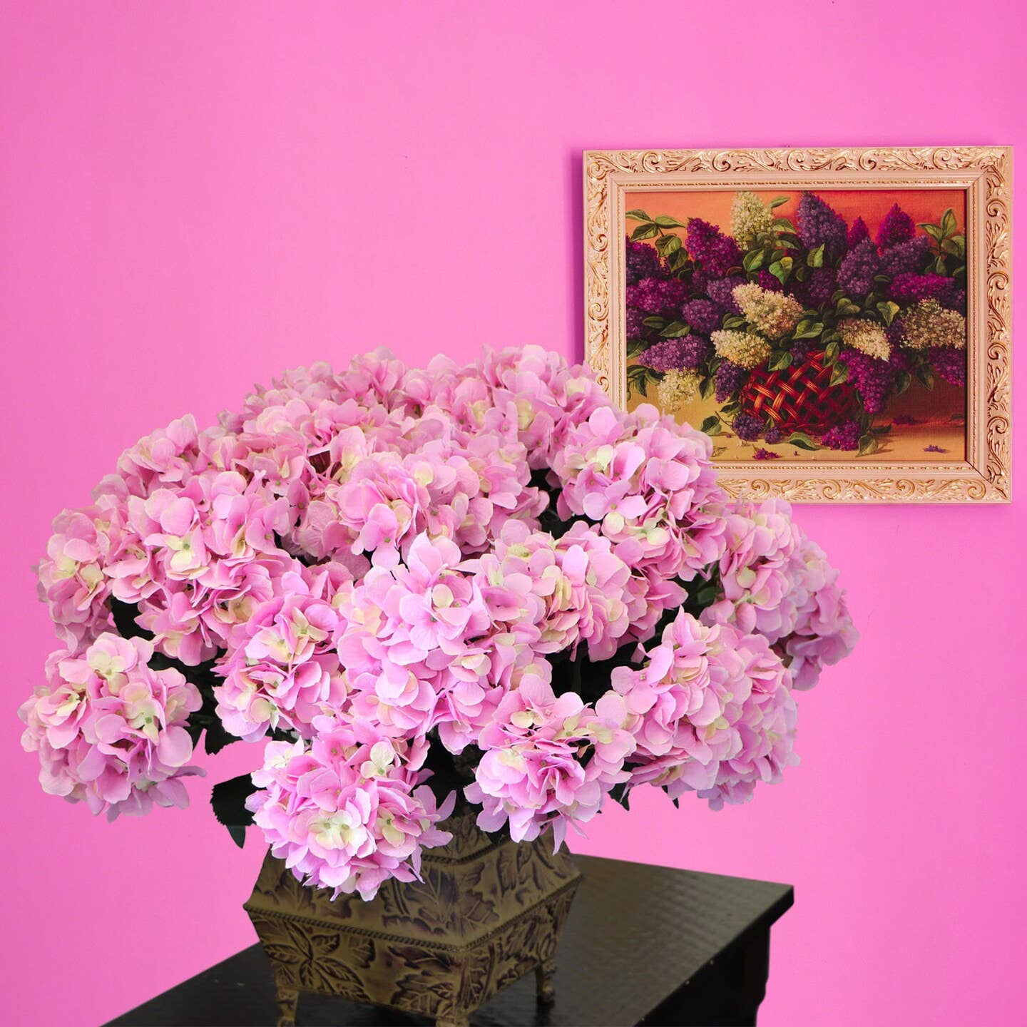 UV Resistant Pink Hydrangea Bush With 7 Silk Flowers & Foliage