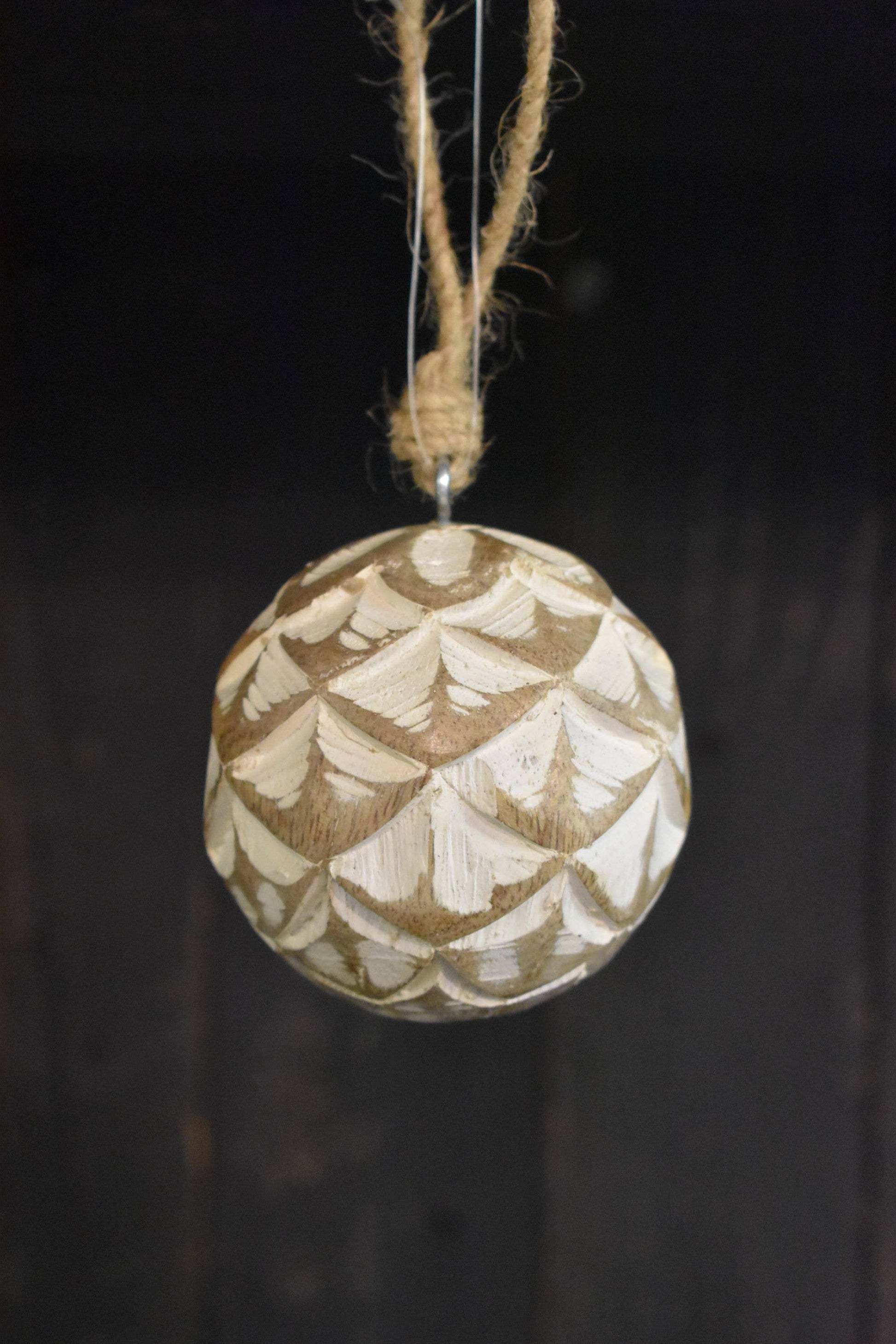Fan Carved Mangowood Hanging Ball Ornament 2.5in - 49th & Magnolia