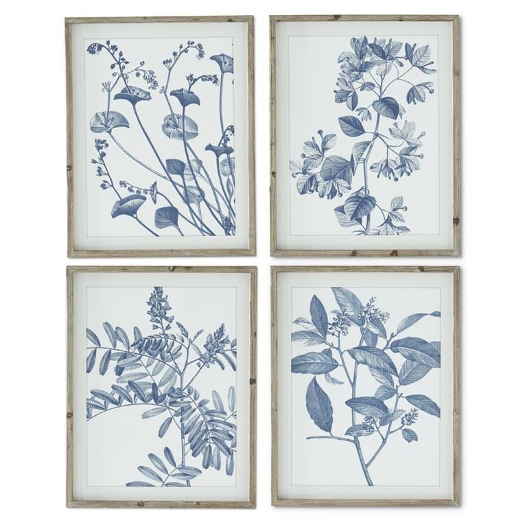 27.75 Inch Wood Framed Blue & White Botanical Prints (4 Styles)