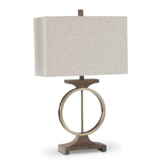 31" Brown Woodgrain Resin & Brass Ring Lamp w/Rectangular Shade