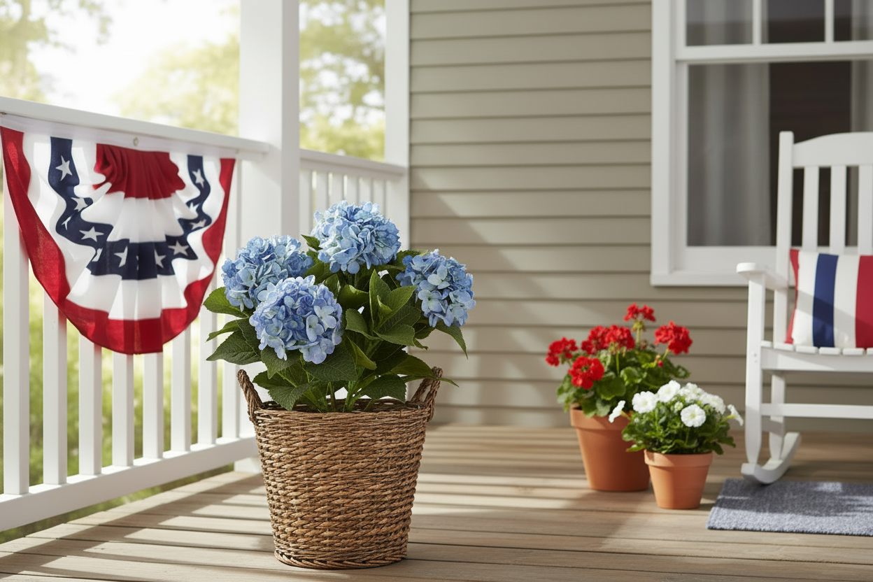 18.75 Inch 5 Bloom Blue Potted Hydrangea w/Faux Dirt