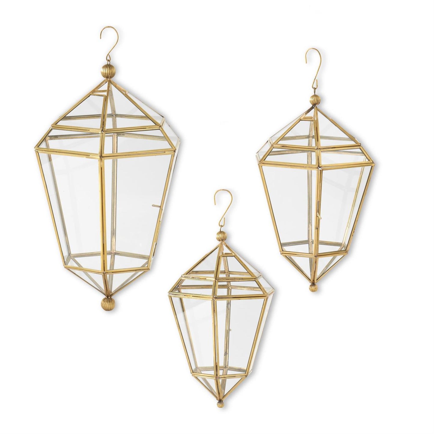 Set of 3 Gold Metal & Glass Hanging Lanterns