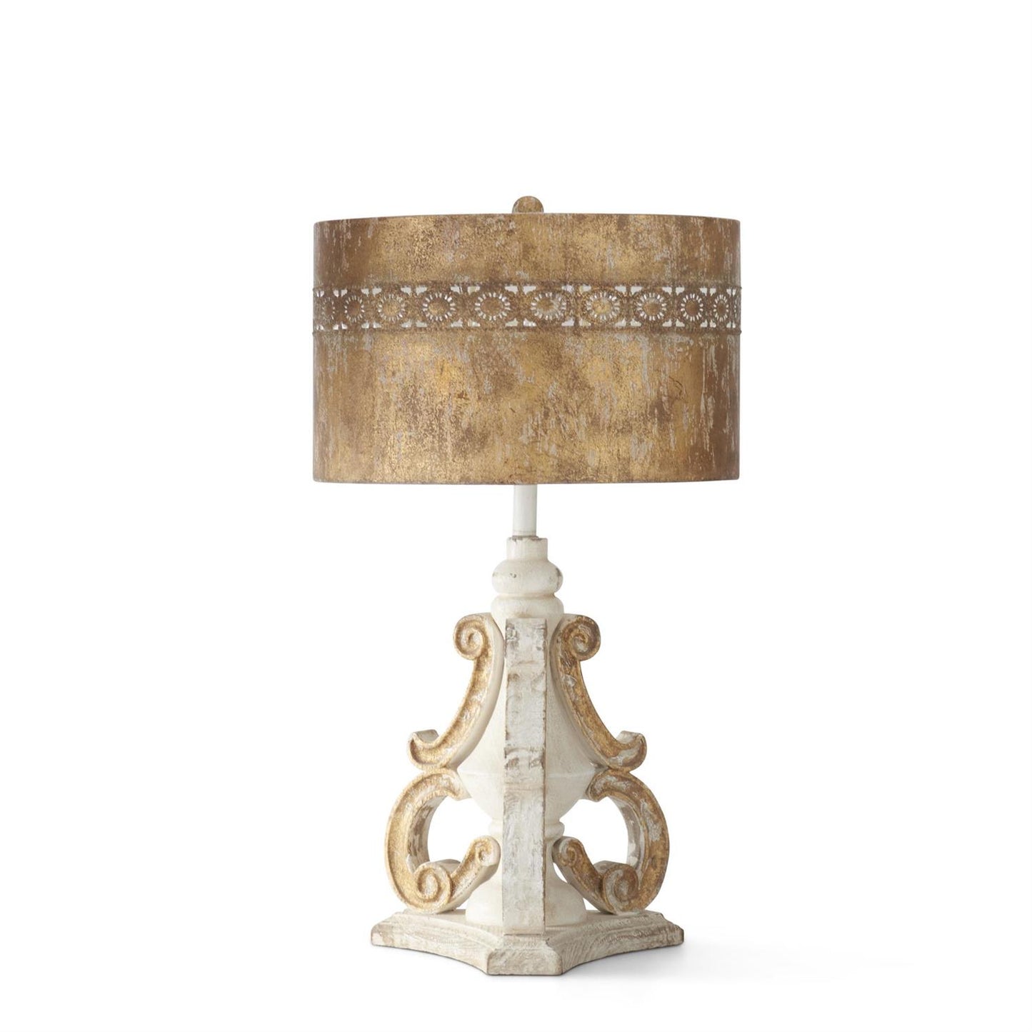 27.5" Weathered White & Gold Tri Scroll Lamp w/Gold Metal Shade