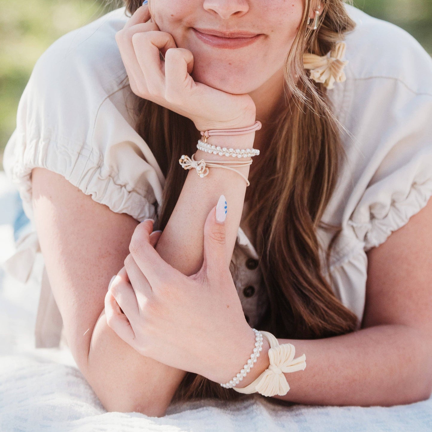 "Grace" - Pearls, Gold and Bows Hair Tie Bracelets